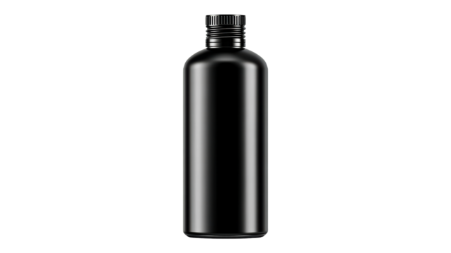 Black plastic bottle with screw cap in vertical orientation