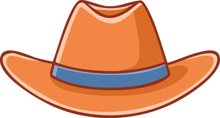 Illustration of an orange cowboy hat with a blue band, depicted in a cartoon style.