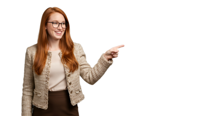 Confident young businesswoman pointing to blank copy space. A smiling red-haired female professional presenting an idea.