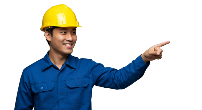 Smiling young Asian engineer or foreman in a safety helmet pointing at copy space, isolated on white background