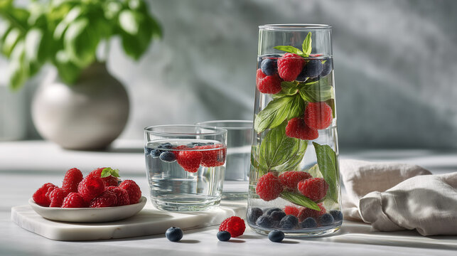 Glass Carafe Filled with Infused Water Containing Floating Raspberries, Blueberries, and Mint Leaves, Surrounded by Two Empty Glasses on White Tabletop in Clean Minimalist Setting