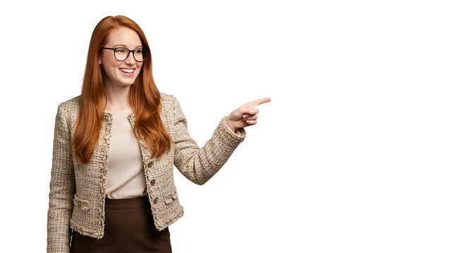 Confident young businesswoman pointing to blank copy space. A smiling red-haired female professional presenting an idea.