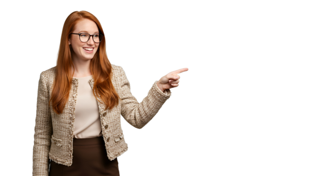 Confident young businesswoman pointing to blank copy space. A smiling red-haired female professional presenting an idea. - Powered by Adobe