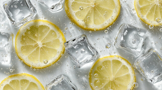 Lemon Slices and Ice Cubes on Wet Glass Surface with Condensation
