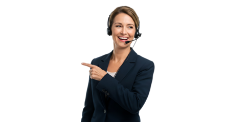 Cheerful business woman in a suit wearing a headset and pointing to a blank space for text or product.