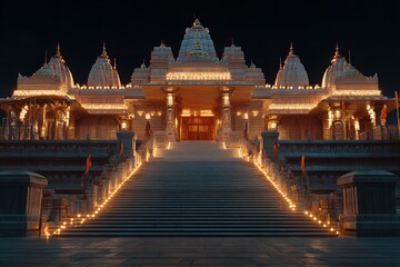 Majestic Ram Mandir Lit Up at Night, Ayodhya, Shining Radiantly in the Dark