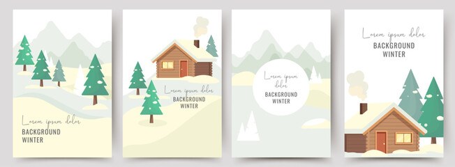Set of four vertical winter backgrounds with snowy trees, cozy cabin, falling snow and editable text space. Flat vector illustrations for seasonal cards, posters, web, and social media design.