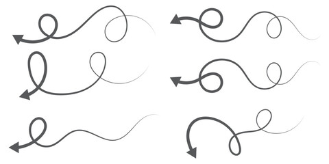 Hand drawn arrows icon set. Sketch curved arrows design. Arrow handmade. Doodle arrows of varios shapes and directions. Pointer and cursor icons.