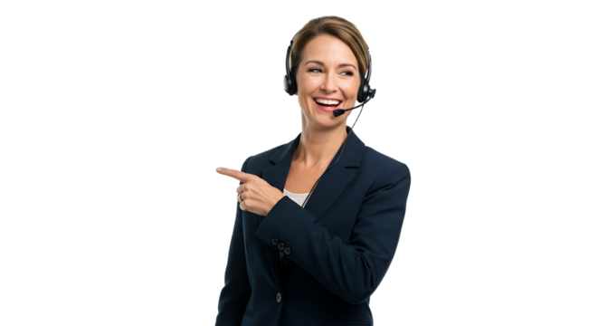 Cheerful business woman in a suit wearing a headset and pointing to a blank space for text or product.