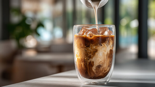Close-Up of Iced Coffee in Transparent Glass with Swirling Milk, Ice Cubes, and Condensation on the Surface in a Modern Caf&eacute; Setting with Soft Natural Lighting and Minimal Background