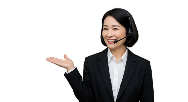 Friendly Asian customer service representative in a suit with a headset, smiling and welcoming with an open hand gesture on a white background.