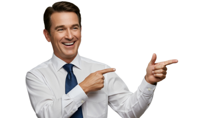 Successful handsome businessman smiling and pointing fingers to copy space, executive manager indicating a direction or opportunity.