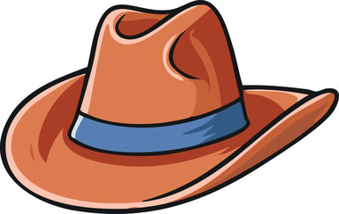 A classic brown cowboy hat with a blue band, illustrated in a cartoon style.