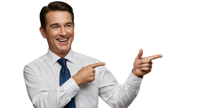 Successful handsome businessman smiling and pointing fingers to copy space, executive manager indicating a direction or opportunity.