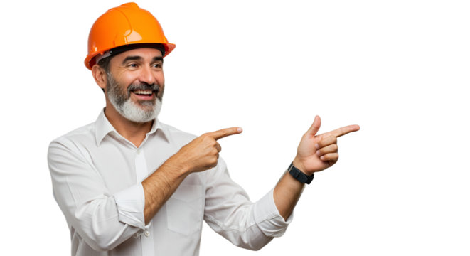 Confident middle-aged architect with a beard, wearing a hard hat and pointing aside at copy space with a smile.