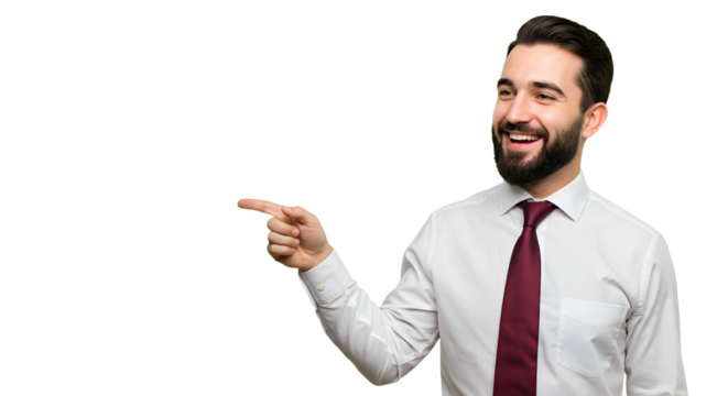 Cheerful bearded businessman in a white shirt and red tie smiling while pointing to the side. Isolated on white background with copy space.