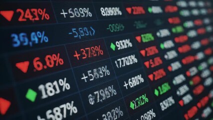 Seamless loop animation of a digital stock market ticker board with fluctuating numbers, percentages, and prices. A close-up on financial trading data.  - Powered by Adobe