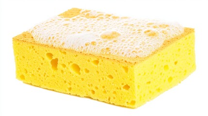 Yellow kitchen sponge with soap bubbles on top, showcasing texture and absorbency, ideal for cleaning tasks and household chores, emphasizing functionality and practicality