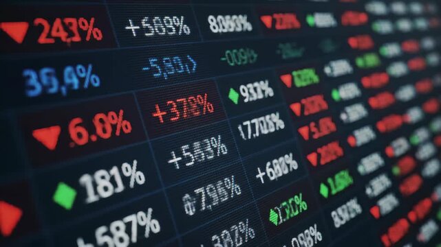 Seamless loop animation of a digital stock market ticker board with fluctuating numbers, percentages, and prices. A close-up on financial trading data.  - Powered by Adobe