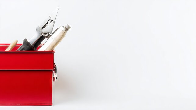 Red toolbox filled with various hand tools including pliers, screwdrivers, and wrenches, positioned against a clean white background, ideal for showcasing craftsmanship and repair work