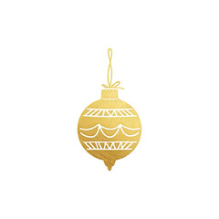 A vintage style golden christmas ornament with intricate white decorative patterns hanging from a delicate string