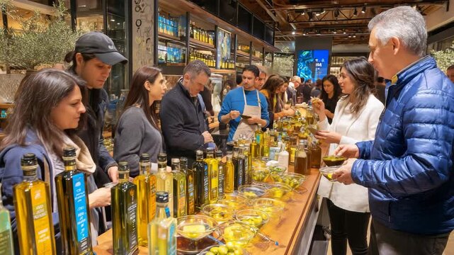 People sampling olive oil at a food market
