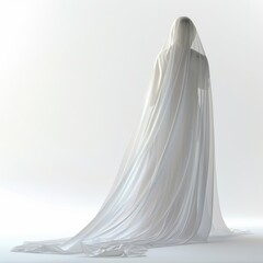 Elegant bride wearing long white veil posing on seamless white background