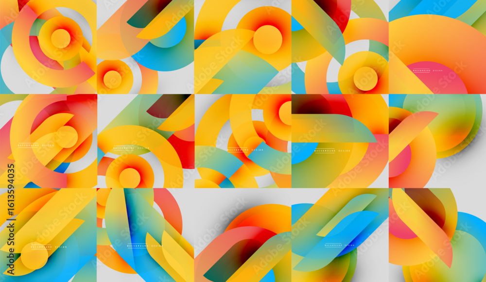 Poster abstract geometric patterns. vibrant colors blend, creating dynamic visual texture. squares display 
