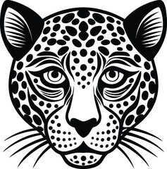 Black & White Leopard Head Vector Stylized Wildcat Illustration with Expressive Eyes and Patterned Fur