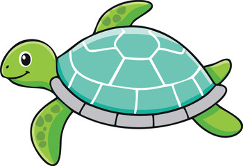 Cartoon illustration of a friendly sea turtle swimming.