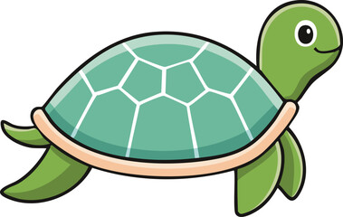 A cheerful cartoon sea turtle, green shell, smiling face, ocean creature.