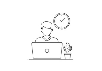 Vector illustration of man working on a laptop with a clock and cactus on a desk
