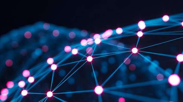 A digital network visualization with glowing nodes and connections on a dark blue background, futuristic style
