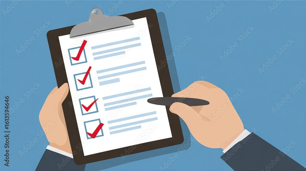 Poster hand holding a clipboard with a checklist, featuring checked items and blank spaces, symbolizing org