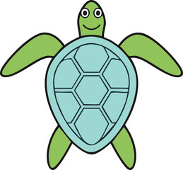 A cartoon illustration of a smiling sea turtle with outstretched flippers.