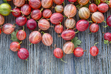 A close-up of fresh red gooseberry fruit on a wooden background.
