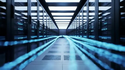 Seamlessly looping animation flying through a futuristic data center corridor with server racks as blue digital data streams symbolizing information transfer. 