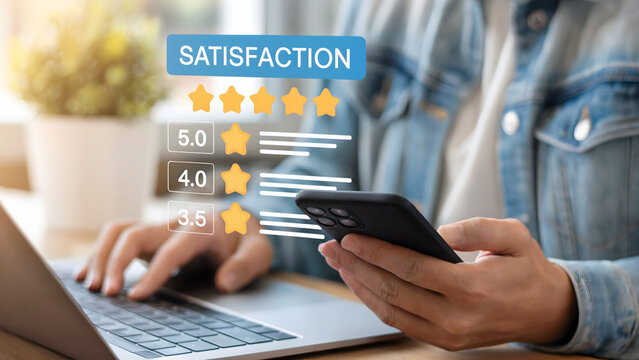 Person using laptop and phone with satisfaction rating visual overlayed image