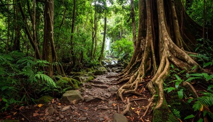 A natural stone path winds through a dense tropical forest, with the massive, exposed roots of a large ancient tree.