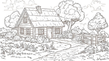 Fototapeta premium Rustic cottage nestled in a landscape. Shady trees, winding path, and garden surrounds a simple wooden house