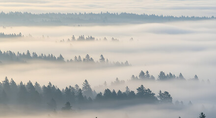 Naklejka premium Overcast Forest with Thick White Fog