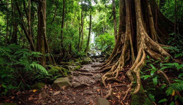 A natural stone path winds through a dense tropical forest, with the massive, exposed roots of a large ancient tree.