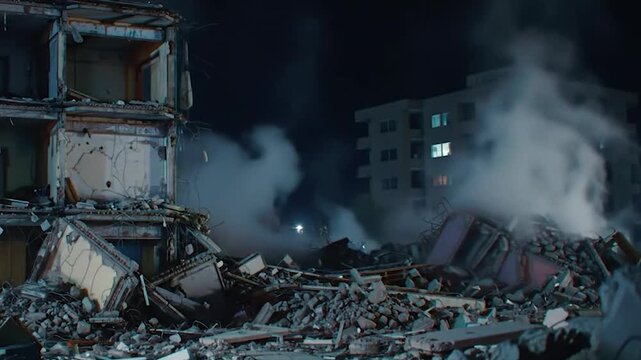 Nighttime scene of collapsed building with debris and smoke. Urban disaster aftermath with wreckage and dust. Destroyed structure under dark night sky.