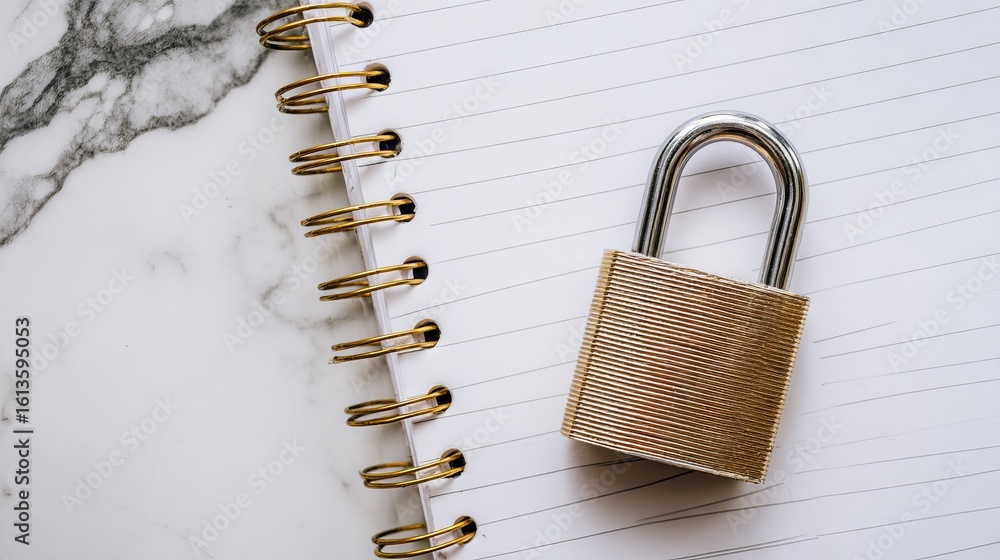 Poster metal padlock resting on a lined notebook with a marble texture background, symbolizing security, pr