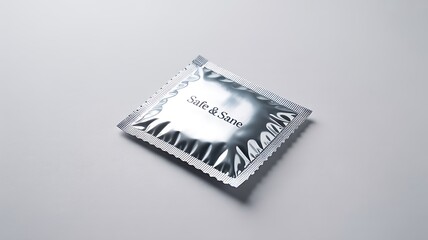 Single condom wrapped in silver foil packaging on a light gray background