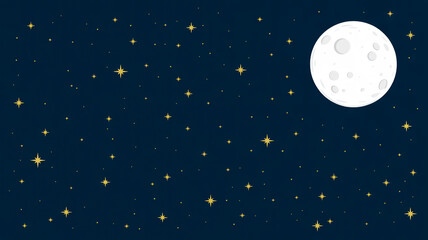 A digital night sky illustration featuring a large white full moon glowing in the upper right