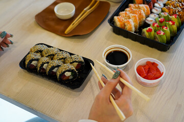 Sushi. Fast food. The concept of Japanese cuisine.