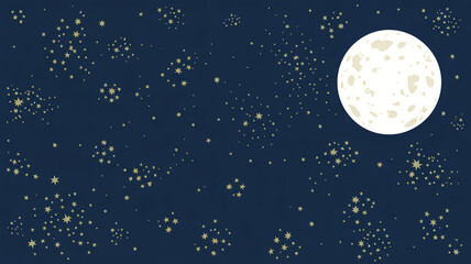 A digital night sky illustration featuring a large white full moon glowing in the upper right