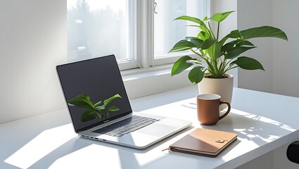 Fototapeta premium Bright and clean home office setup. A laptop and coffee mug on a white desk bask in morning sunlight from a window.