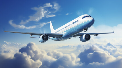A modern passenger airplane gracefully flying through fluffy clouds in a clear blue sky, perfect for illustrating air travel, tourism, or global business